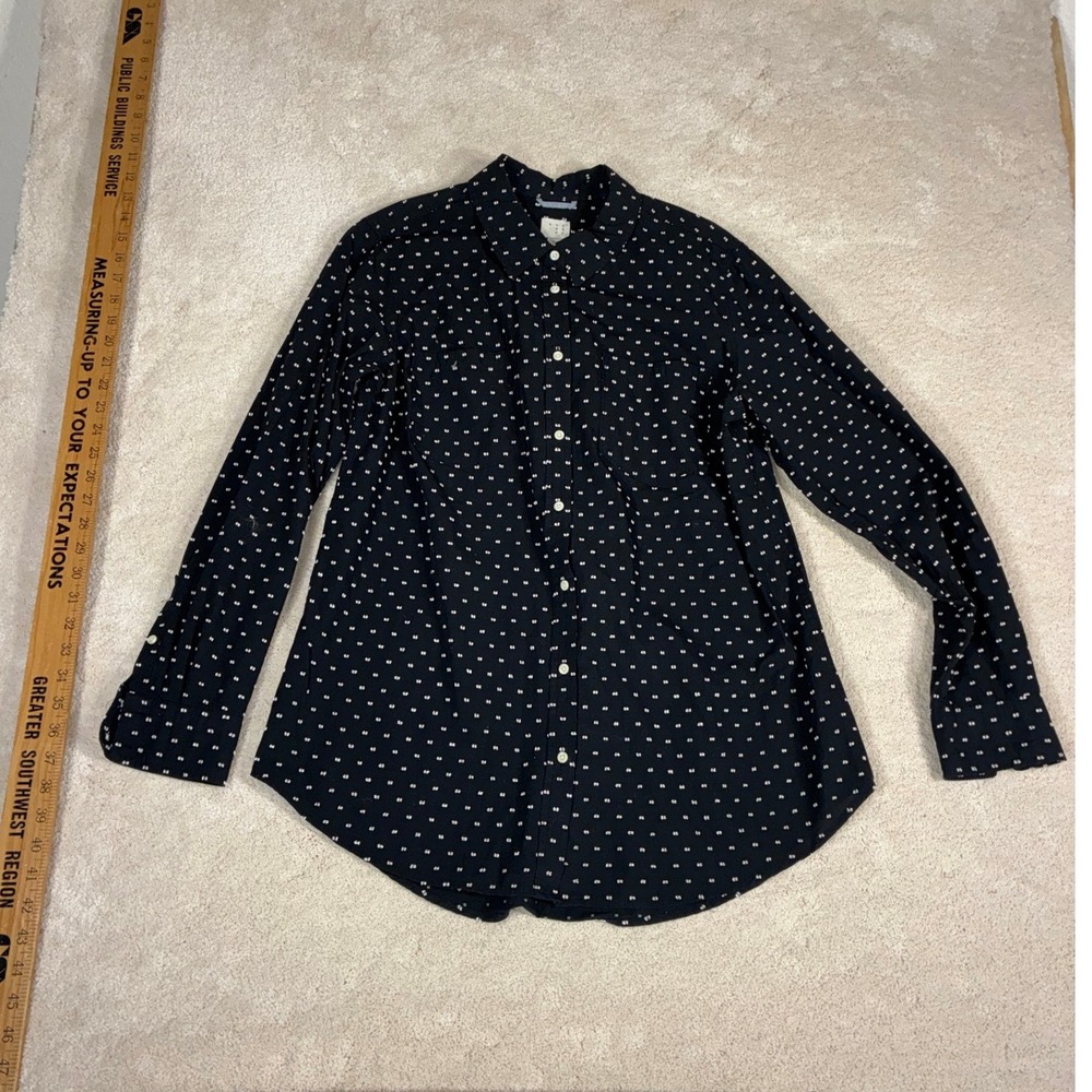 A New Day Womens XL Black White Clip Dot Button Down Shirt Long Sleeve Cotton
